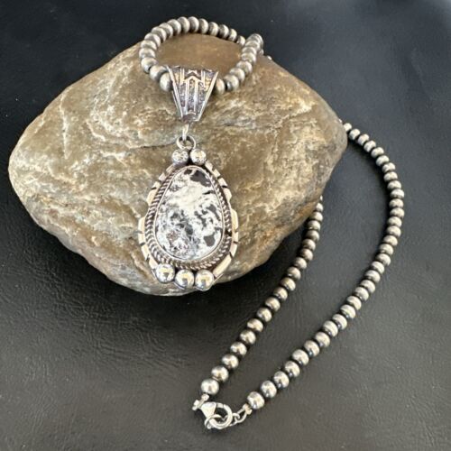 Navajo White Buffalo Turquoise Pendant Necklace | Sterling Silver | Authentic Native American Handmade | 17516