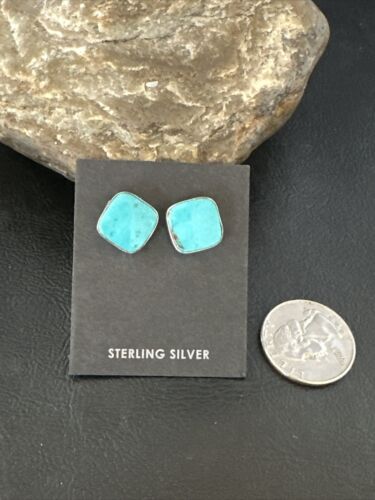 Navajo Blue Kingman Turquoise Post Stud Earrings | Sterling Silver | Authentic Native American Handmade | 17409
