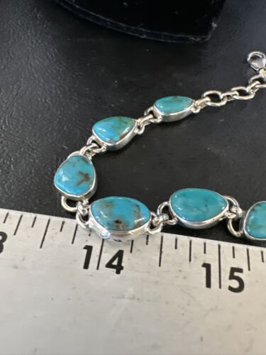 Navajo Blue Turquoise Link Bracelet | Sterling Silver | 8" | Authentic Native American Handmade | 15475