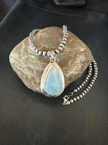 Navajo Blue Larimar Pendant Necklace | Sterling Silver Beads | Authentic Native American Handmade | 17566