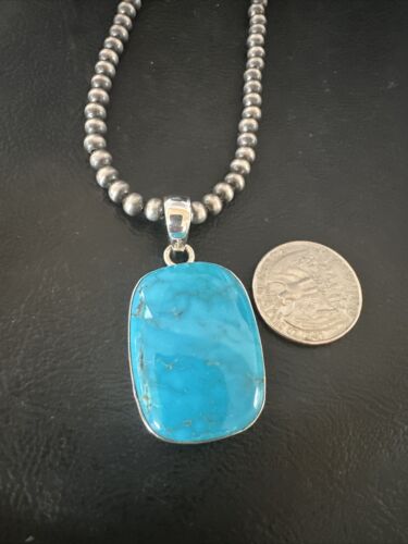 Navajo Blue Kingman Turquoise Pendant Necklace | Sterling Silver | 20" | Authentic Native American Handmade | 16695