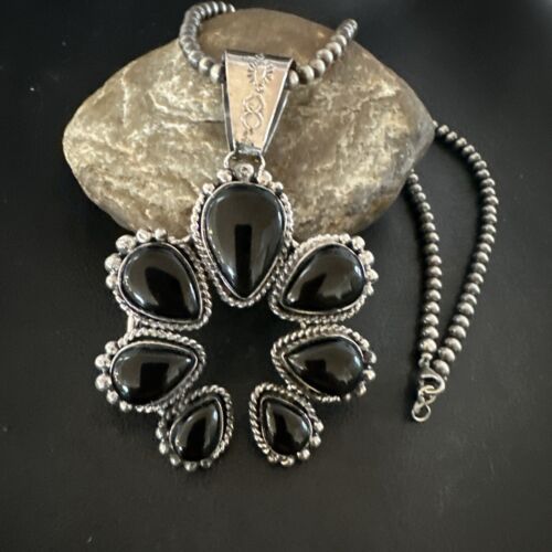 Navajo Men's Black Onyx Naja Pendant Necklace | Sterling Silver Pearls | Authentic Native American Handmade | 16808