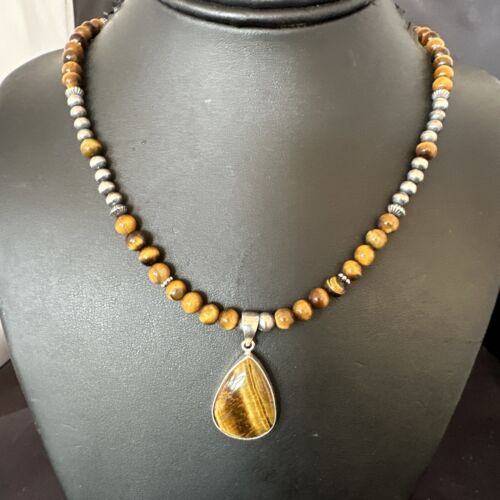 Southwestern Coffee Brown Tiger's Eye Pendant Necklace | Sterling Silver | 15864