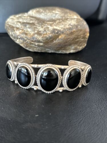 Navajo Sterling Silver Cuff Bracelet | Black Onyx 5 Stone | Authentic Native American Handmade | 14519