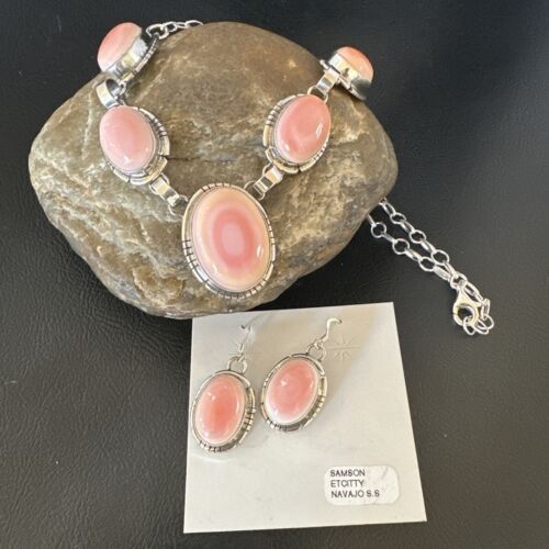 Navajo Pink Conch Choker Necklace | Sterling Silver Pendant 18" | Earrings Set | Authentic Native American Handmade | 16126