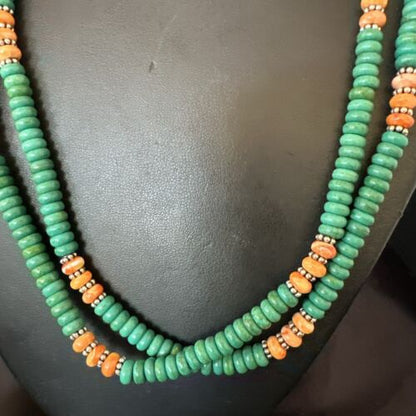 Navajo Green Turquoise Spiny Oyster Necklace | Sterling Silver | 21" | Authentic Native American Handmade | 10123