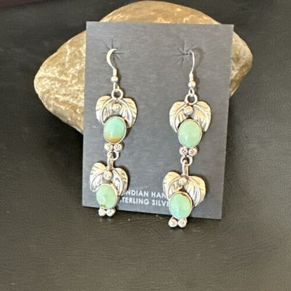Navajo Blue Green Turquoise Dangle Earrings | Sterling Silver | 1.5" | Authentic Native American Handmade | 17385
