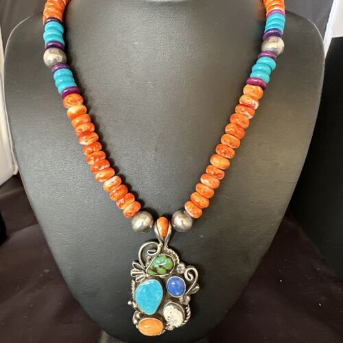 Navajo Blue Turquoise Spiny Oyster Pendant | Sterling Silver Bead Necklace | Multi-Stone | 15058