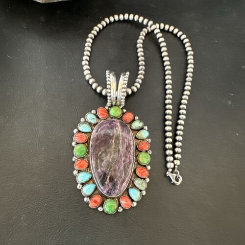 Navajo Purple Charoite Spiny Turquoise Pendant Necklace | Sterling Silver | Multi-Stone | 17146