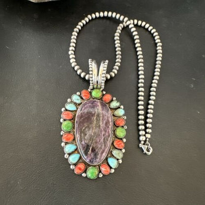 Navajo Purple Charoite Spiny Turquoise Pendant Necklace | Sterling Silver | Multi-Stone | 17146