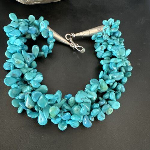 Navajo Teardrop Blue Turquoise Necklace | Sterling Silver Pearls | 19" 3 Strand | Authentic Native American Handmade | 17254