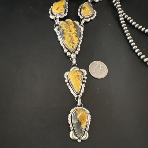 Navajo Yellow Bumblebee Jasper Lariat Necklace | Authentic Native American Sterling Silver | 17202