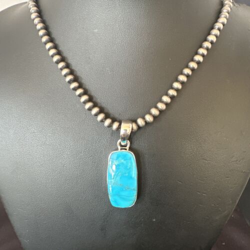 Navajo Blue Kingman Turquoise Pendant Necklace | Sterling Silver | 20" | Authentic Native American Handmade | 16701