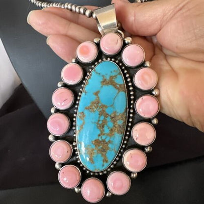 XXL Pink Conch Naja Pendant | Blue Turquoise | Navajo Sterling Silver Necklace 21" | Multi-Stone | 17426