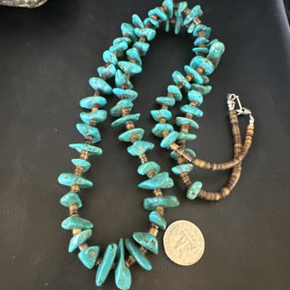 Navajo Blue Kingman Nugget Turquoise Necklace | Sterling Silver | 36" | Authentic Native American Handmade | 15286