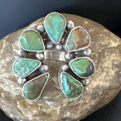 Navajo Green Turquoise Cluster Ring | Authentic Native American Sterling Silver | Multi-Stone | Sz 9 | 15660