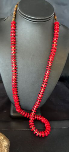 Navajo Red Coral Shell Bead Necklace | Sterling Silver | 30" | Authentic Native American Handmade | 15284