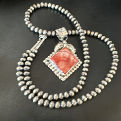 Navajo Red Spiny Oyster Pendant Necklace | Sterling Silver | Authentic Native American Handmade | 16145