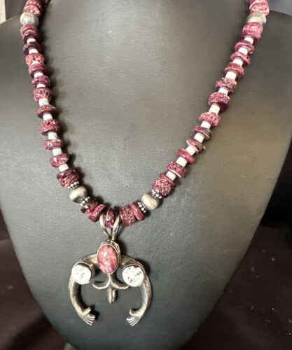 Navajo Purple Spiny Oyster White Buffalo Naja Pendant | Sterling Silver | Authentic Native American Handmade | 15025