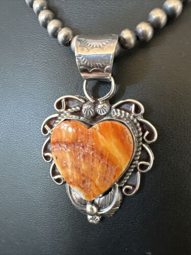 Navajo Orange Spiny Oyster Heart Pendant Necklace | Sterling Silver | Authentic Native American Handmade | 16418