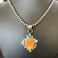 Navajo Orange Spiny Oyster Blue Turquoise Pendant Necklace | Sterling Silver | 20" | 16459