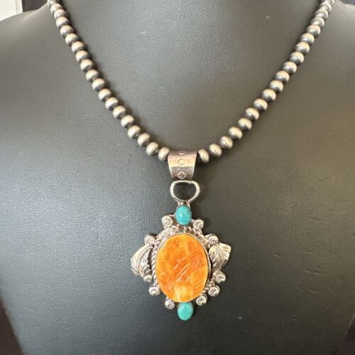 Navajo Orange Spiny Oyster Blue Turquoise Pendant Necklace | Sterling Silver | 20" | 16459