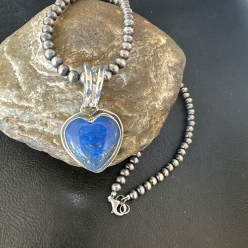 Navajo Blue Heart Lapis Pendant Necklace | Sterling Silver Pearls | Authentic Native American Handmade | 15019