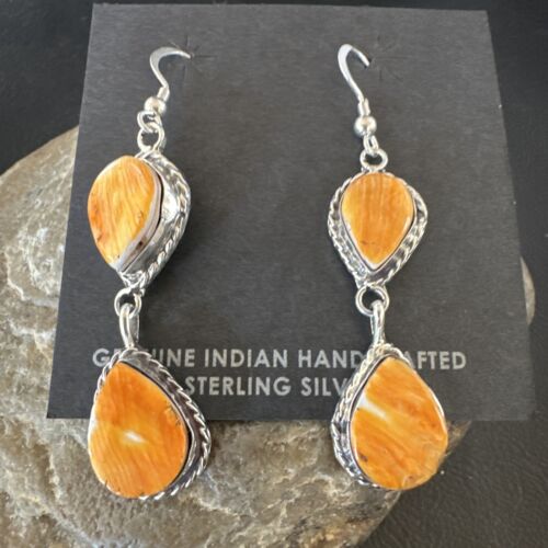 Navajo Orange Spiny Oyster Dangle Earrings | Sterling Silver | 1.5" | Authentic Native American Handmade | 16563