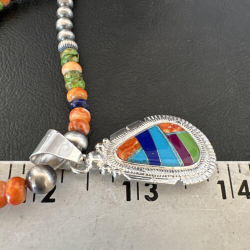 Navajo Spiny Oyster Turquoise Lapis Inlay Pendant Necklace | Sterling Silver | 21" | Authentic Native American Handmade | 16627