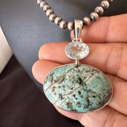 Navajo Dry Creek Turquoise Topaz Pendant Necklace | Sterling Silver | Authentic Native American Handmade | 16442
