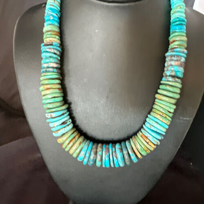 Navajo Blue Green Turquoise Necklace | Sterling Silver Graduated Beads | Authentic Native American | 19" | 15318