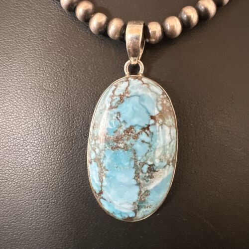 Navajo Blue Spiderweb Turquoise Pendant Necklace | Sterling Silver | Authentic Native American Handmade | 17025