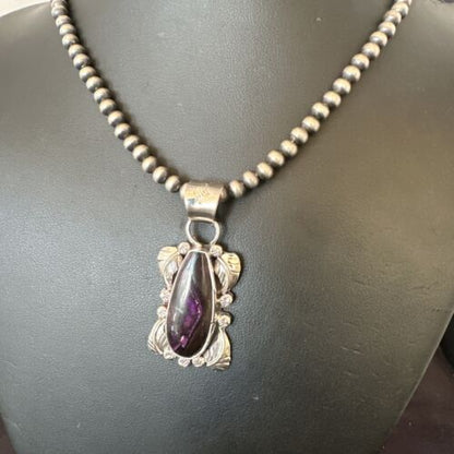Navajo Pearls Purple Sugilite Pendant Necklace | Sterling Silver Beads | Authentic Native American Handmade | 16463