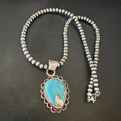 Navajo Blue Turquoise Pendant Necklace | Sterling Silver Pearls | Authentic Native American Handmade | 15651