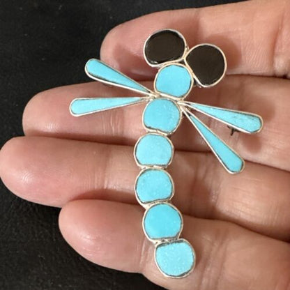 Navajo Blue Kingman Turquoise Dragonfly Inlay Pin Pendant | Sterling Silver | Authentic Native American Handmade | 15169