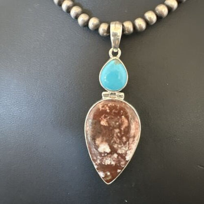 Navajo Wild Horse | Blue Kingman Turquoise Necklace | Sterling Silver | Authentic Native American Handmade | 17311