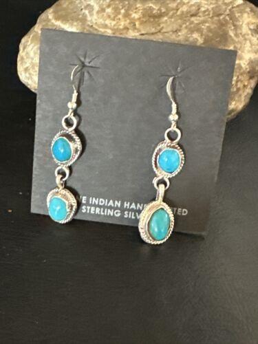 Kingman Turquoise Dangle Earrings | Navajo Handmade | Sterling Silver | Authentic Native American | 14868