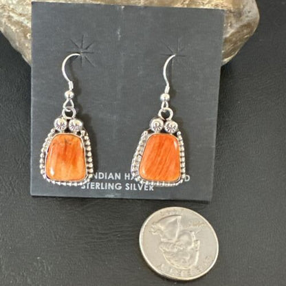 Navajo Orange Spiny Oyster Dangle Earrings | Sterling Silver | Authentic Native American Handmade | 17274