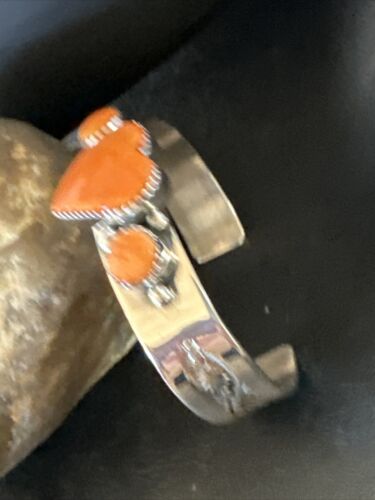 Navajo Orange Spiny Oyster Heart Cuff Bracelet | Sterling Silver | Authentic Native American Handmade | 15349