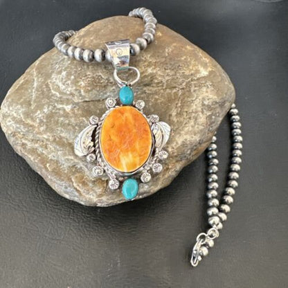 Navajo Orange Spiny Oyster Blue Turquoise Pendant Necklace | Sterling Silver | 20" | 16459
