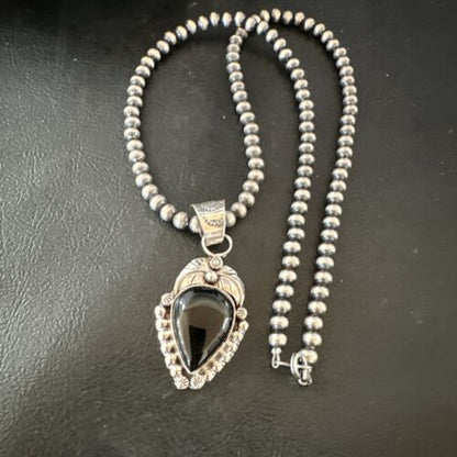 Navajo Pearls Black Onyx Necklace Pendant | Sterling Silver | Authentic Native American Handmade | 16529