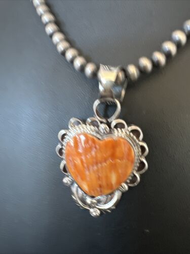 Navajo Orange Spiny Oyster Heart Pendant Necklace | Sterling Silver | Authentic Native American Handmade | 16419