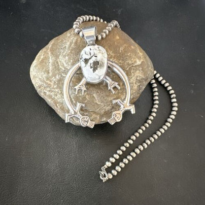 Navajo White Buffalo Turquoise Naja Pendant Necklace | Sterling Silver | Authentic Native American Handmade | 17122