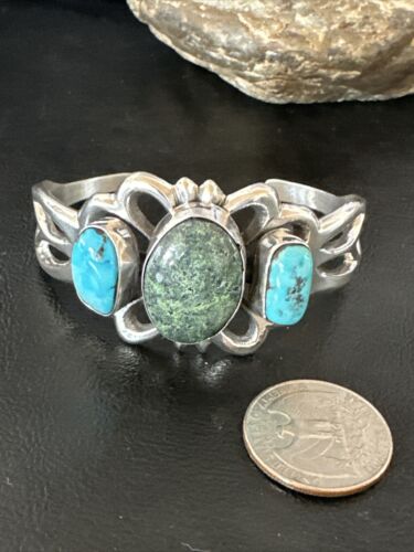 Kingman Turquoise Navajo Cuff Bracelet | Sterling Silver Tufa Cast | Authentic Native American Handmade | 16785