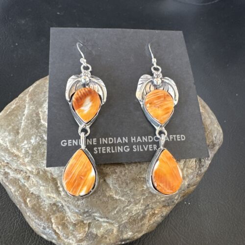 Navajo Orange Spiny Oyster Dangle Earrings | Sterling Silver | 1.5" | Authentic Native American Handmade | 16565