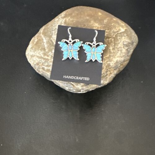 Butterfly Blue Opal Inlay Dangle Earrings | Sterling Silver | Authentic Native American Handmade | 16526