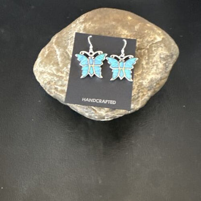 Butterfly Blue Opal Inlay Dangle Earrings | Sterling Silver | Authentic Native American Handmade | 16526