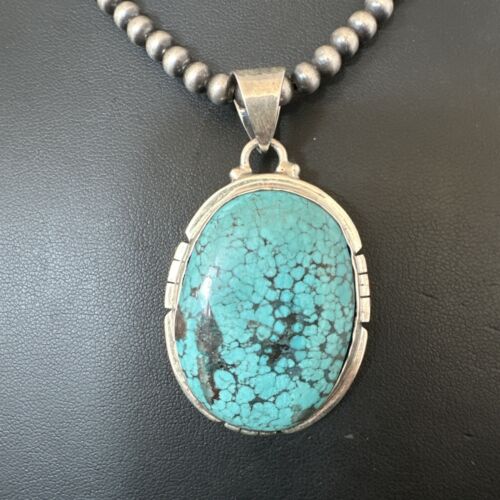 Men's Navajo Blue Spiderweb Turquoise Pendant Necklace | Sterling Silver | Authentic Native American Handmade | 16200