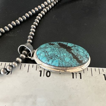 Men's Navajo Blue Spiderweb Turquoise Pendant Necklace | Sterling Silver | Native American Handmade | 16192