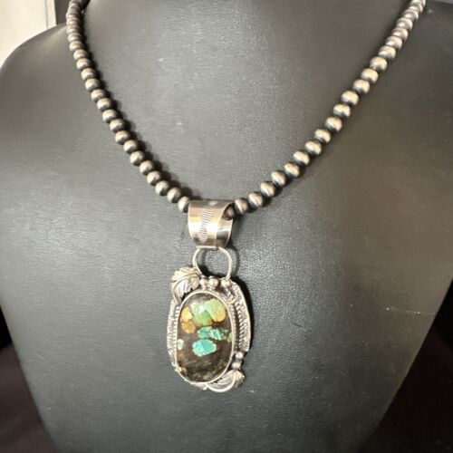 Navajo Blue Spiderweb Turquoise Pendant | Sterling Silver Necklace | 18" Pearls | 15093